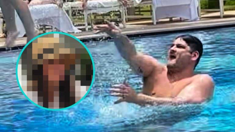 Fev in a pool in Hawaii, mystery person blurred out