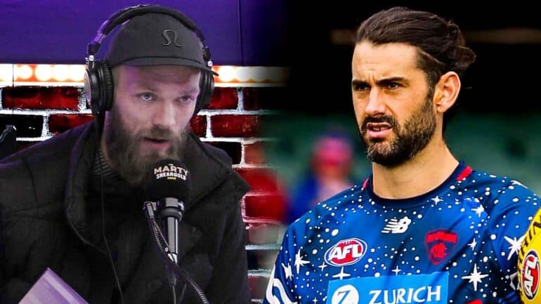 Max Gawn in the Triple M studios and Brodie Grundy in Melbourne training kit. Digitally altered image