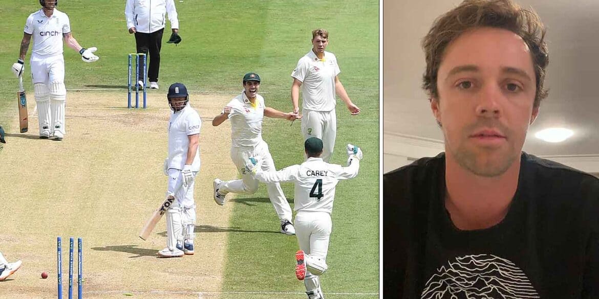Australian cricketers celebrating the stumping of Jonny Bairstow and Travis Head on Willow talk. Digitally altered image