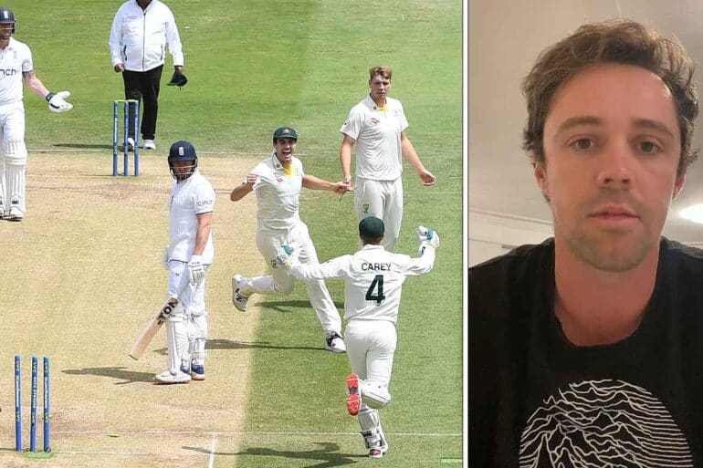 Australian cricketers celebrating the stumping of Jonny Bairstow and Travis Head on Willow talk. Digitally altered image