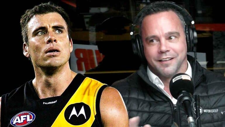 Matthew Richardson playing for Richmond in 2006 and Jake King in the Triple M studio. Digitally altered image