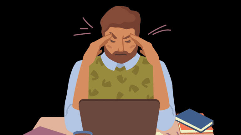 An illustration of a man under work stress. He sits at a laptop with his head in his hands