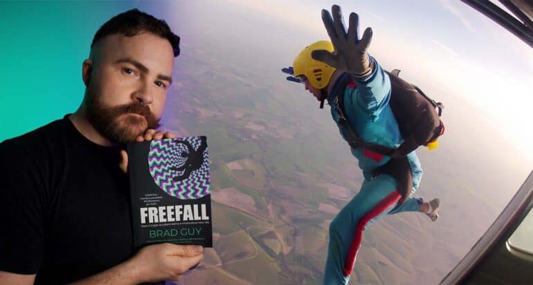 Brad Guy sky diving story holding book free fall