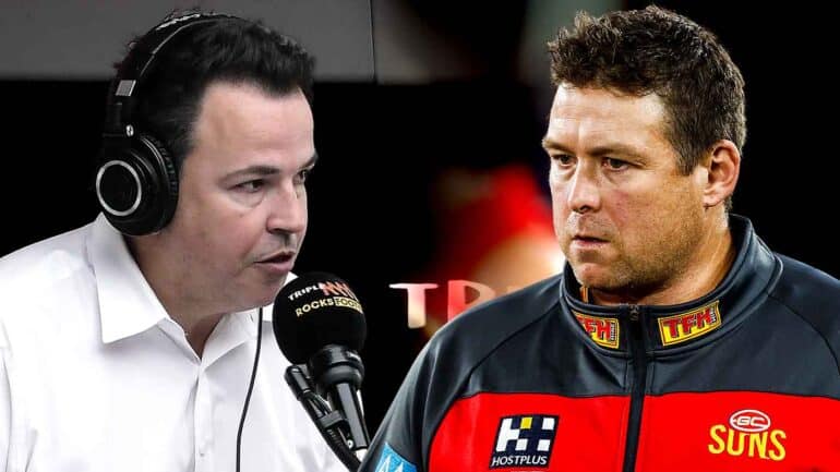 Tom Browne in the Triple M studio and Stuart Dew as Gold Coast coach. Digitally altered image