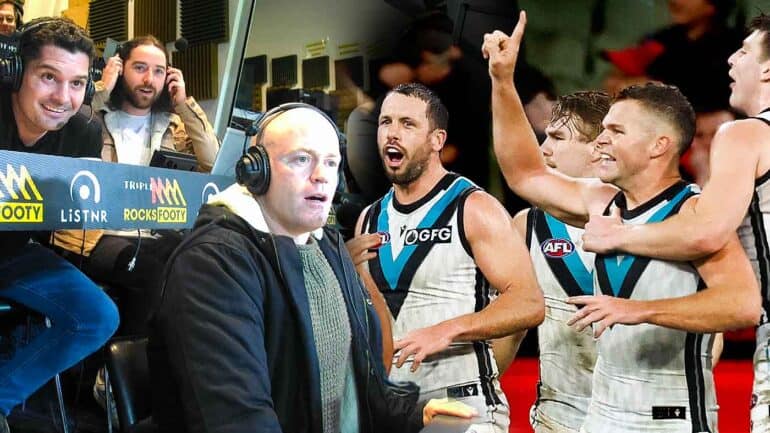 The Triple M Footy call team and Dan Houston celebrating his goal after the siren. Digitally altered image