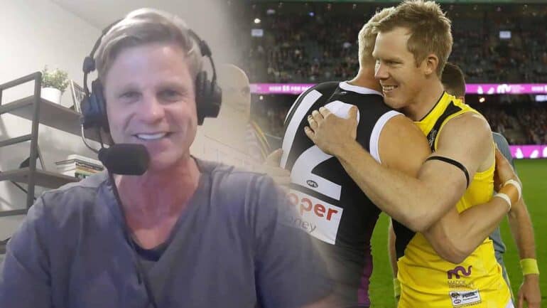 Nick Riewoldt embraces cousin Jack Riewoldt on the football field