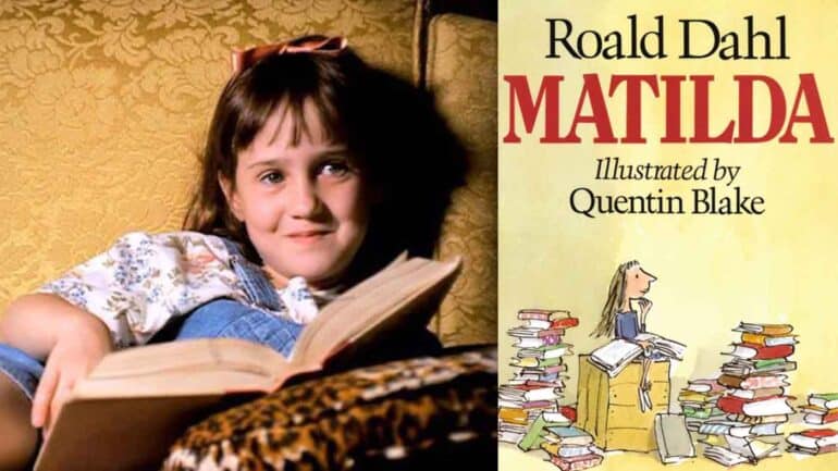 A screengrab from the Matilda movie of Matilda reading a book on a sofa, with a photo of the original Matilda book cover