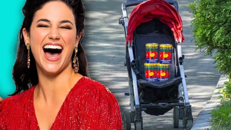 Jess is now 30 weeks pregnant and has been practising walking with a pram recently in public... an empty pram, in which she carts tomato tins in.