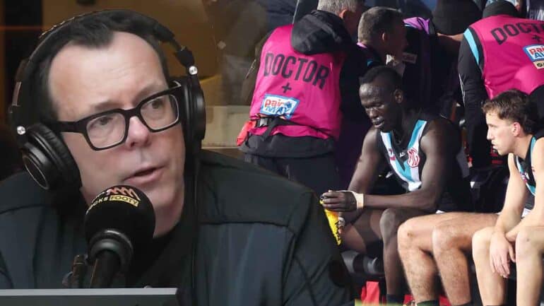 Damian Barrett in the Triple M studio and Aliir Aliir on the Port Adelaide bench in round 20. Digitally altered image.
