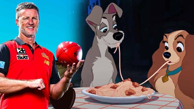 Damien Hardwick as Gold Coast coach and lady and the Tramp eating their famous spaghetti meal. Digitally altered image