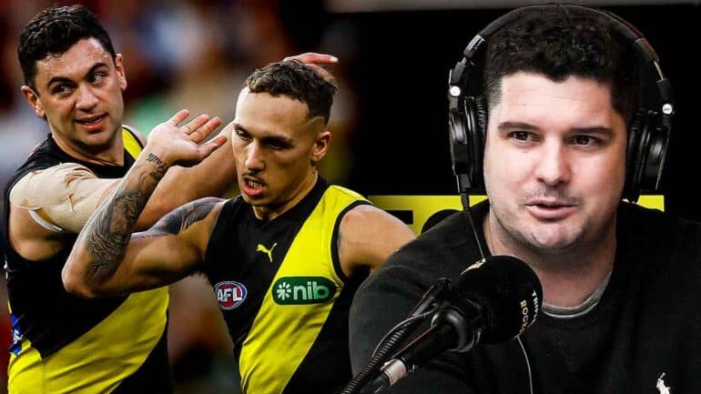 Joey Montagna in the Triple M Footy studio and Tim Taranto and Shai Bolton playing for Richmond