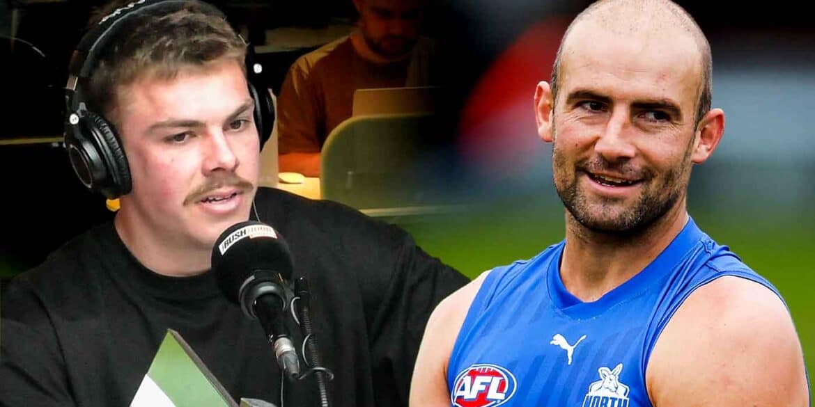 Cam Zurhaar in the Triple M studio and Ben Cunnington at North Melbourne training. Digitally altered image