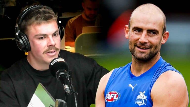 Cam Zurhaar in the Triple M studio and Ben Cunnington at North Melbourne training. Digitally altered image
