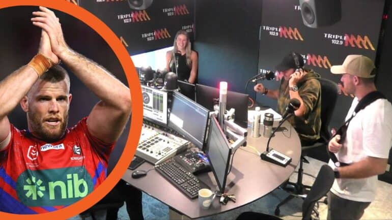 Steve, Lachlan Fitzgibbon and partner Sophie in the Triple M Studio.