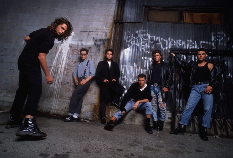 INXS (from left): Michael Hutchence, Kirk Pengilly, Andrew Farriss, Garry Gary Beers, Tim Farriss, and Jon Farriss. (Photo by Lynn Goldsmith/Corbis/VCG via Getty Images)