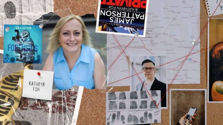 Crime scene board with photos of Kathryn Fox and Crime Insiders Forensics podcast artwork