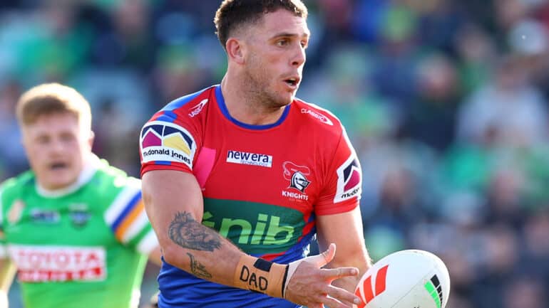 Adam Elliot of the Knights in action during the round 22 NRL match between Canberra Raiders and Newcastle Knights at GIO Stadium on July 29, 2023 in Canberra, Australia.