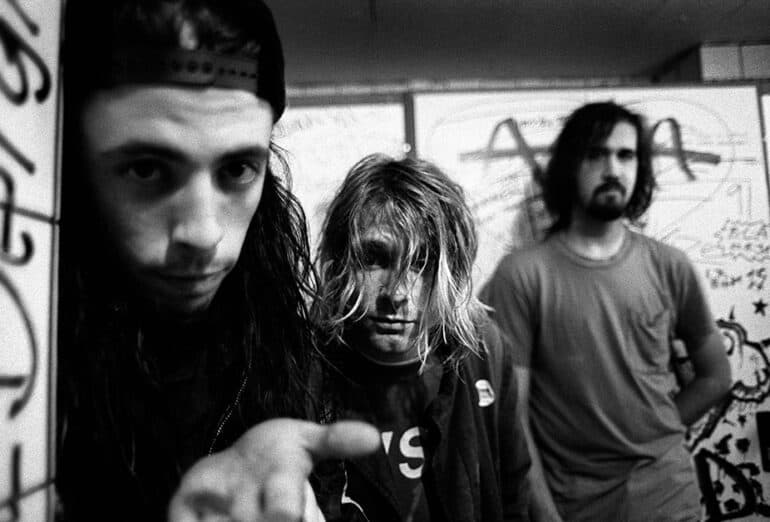 Nirvana posed in Frankfurt on November 12 1991. (Left to right) Dave Grohl (drums), Kurt Cobain (vocals/guitar) and Krist Novoselic (bass). (Photo by Paul Bergen/Redferns)