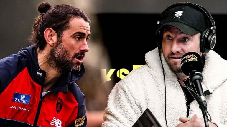 Daisy Thomas in the Triple M Footy studios and Brodie Grundy in a Melbourne training jacket. Digitally altered