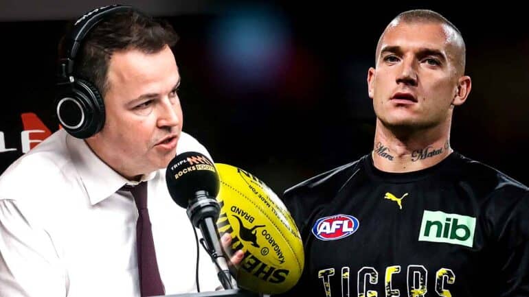 Tom Browne in the Triple M Footy studio and Dustin Martin in Richmond training kit. Browne says Martin is considering a move to Gold Coast. Digitally altered image