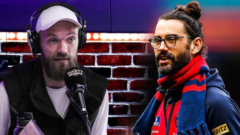 Max Gawn in the Marty Sheargold Show studio and Brodie Grundy in Melbourne training gear. Digitally altered image.