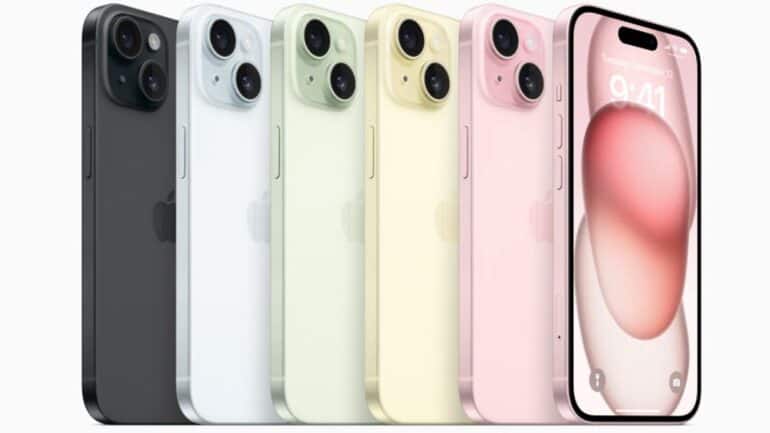 iPhones lined up in different colours.
