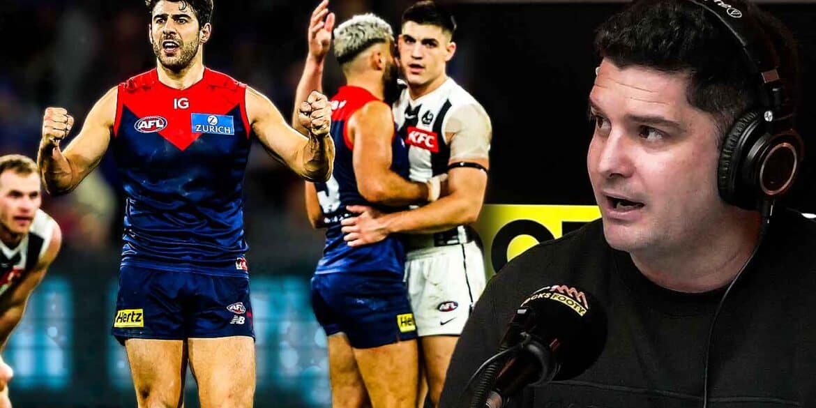 Joey Montagna in the Triple M Footy studio and Melbourne players celebrating a win over Collingwood. Digitally altered image
