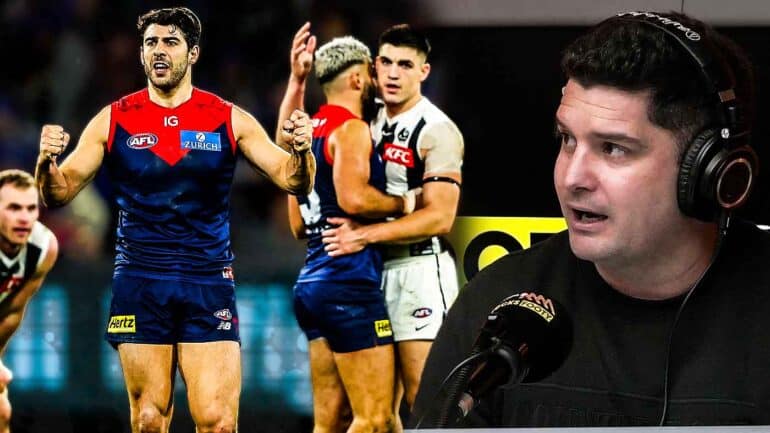 Joey Montagna in the Triple M Footy studio and Melbourne players celebrating a win over Collingwood. Digitally altered image