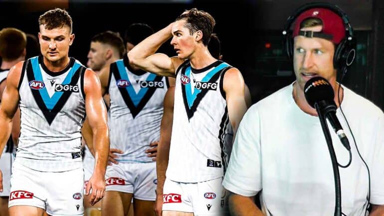 Tom Jonas in the Triple M Adelaide studio and the Port Adelaide players walking off after losing the qualifying final to Brisbane. Digitally altered image
