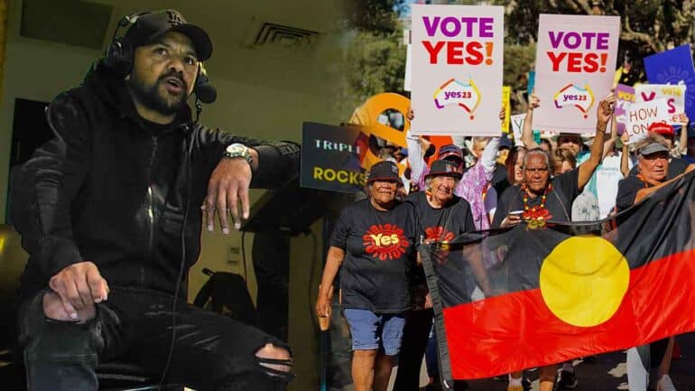 Leon Davis in the Triple M box at the MCG and people marching for the Yes vote on the Voice to Parliament referendum. Davis explained why he wants to see the Yes vote win. Digitally altered image.