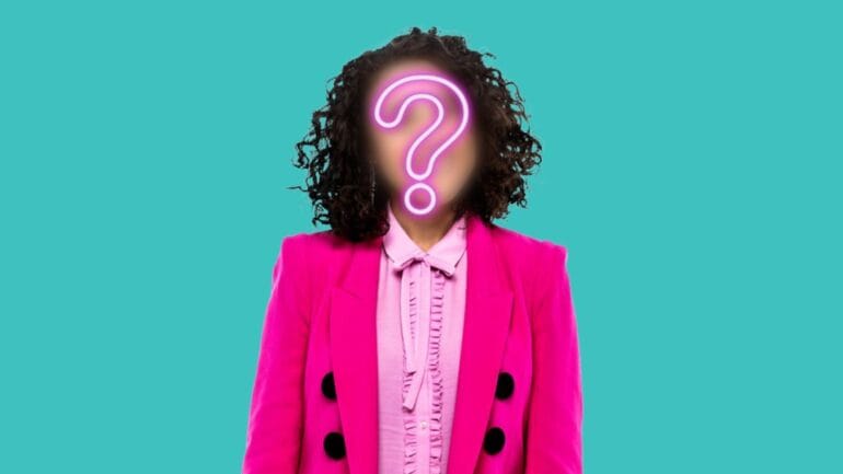 A woman in a pink jacket with her face blurred out and a question mark covering it.