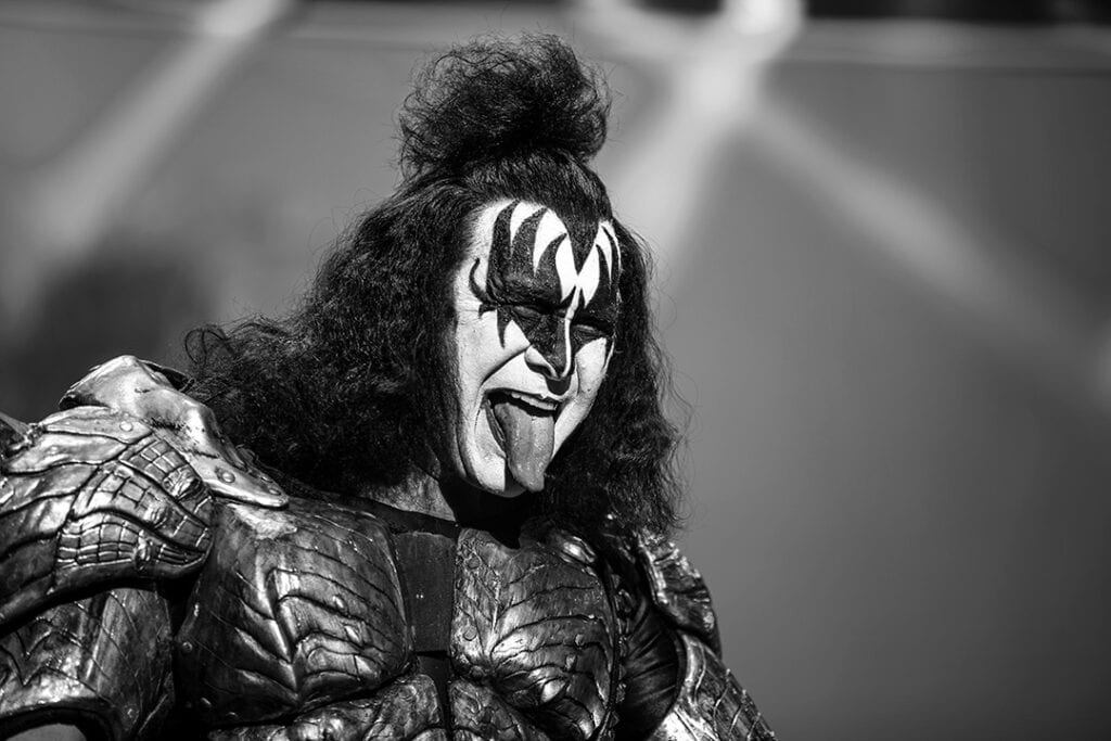 Gene Simmons of KISS performing on stage at Accor Stadium, Sydney. Their final show in Australia. 07/10/23 (Image: Chris Neave)