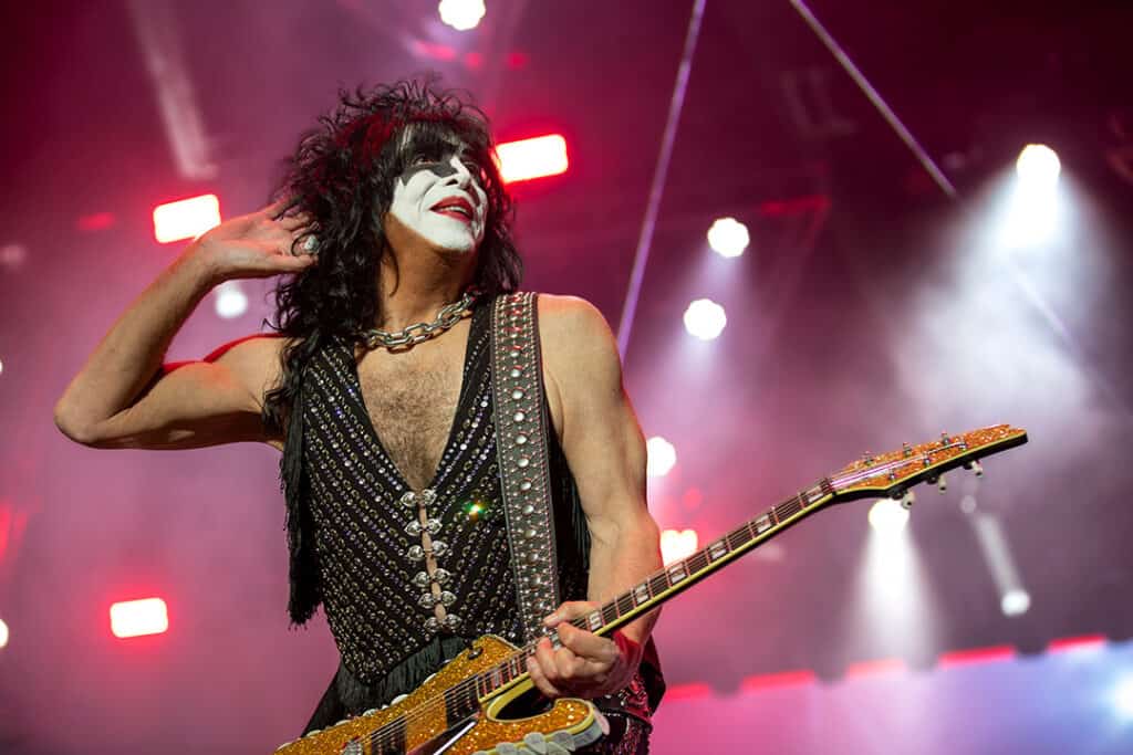 Paul Stanley of KISS performing on stage at Accor Stadium, Sydney. Their final show in Australia. 07/10/23 (Image: Chris Neave)