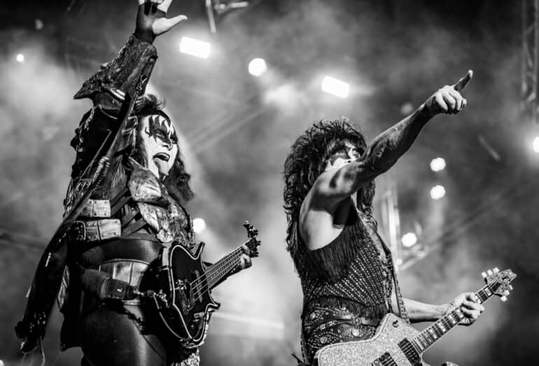 Gene Simmons (left) and Paul Stanley (right) of KISS performing on stage at Accor Stadium, Sydney. Their final show in Australia. 07/10/23 (Image: Chris Neave)