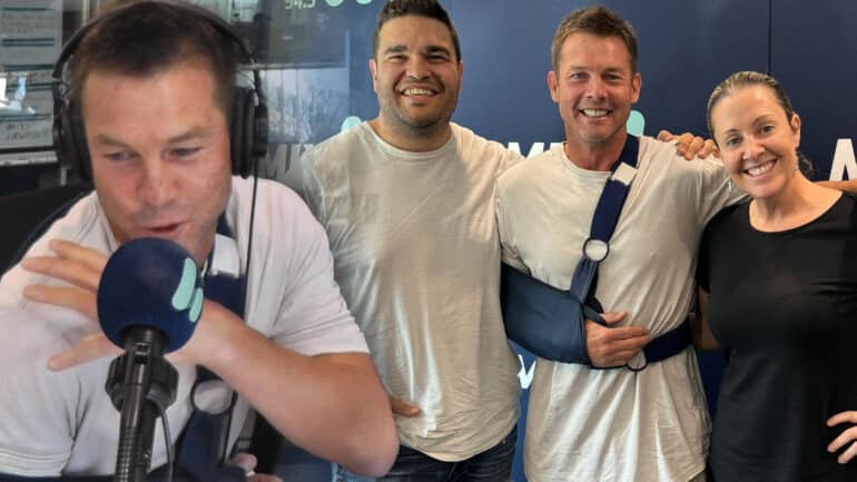 Ben Cousins in a sling pictured with Pete and Kymba from Mix94.5