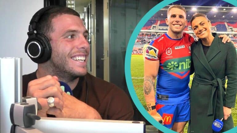 Adam Elliott in Hit studio smiling. Photo of Adam and Millie together on NRL field to the right.