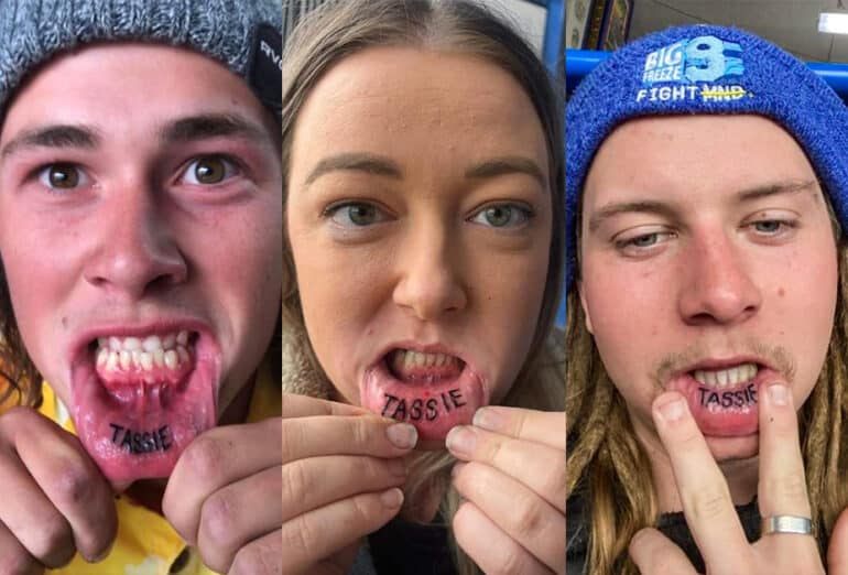 'Tassie' Lip Tattoos. Luca Brasi fans decided that the best way to cement their allegiance to the Tasmanian band was to ink 'TASSIE' on their inner lower lip.