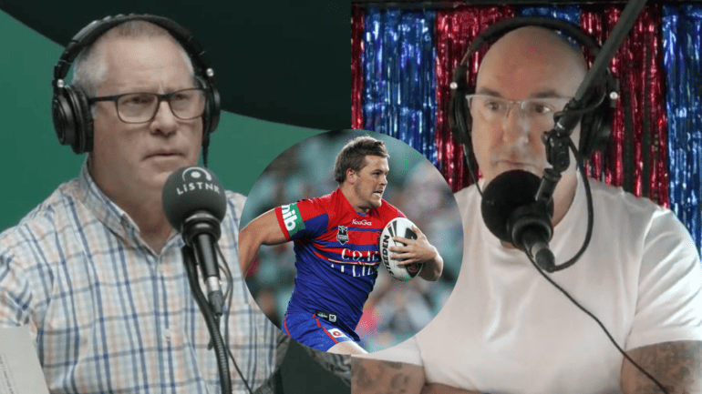 Brent Sanders and Danny Wicks in the podcast studio with a photo of NRL player Danny Wicks