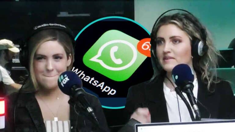 Eliza & Liberty in studio, WhatsApp pictured in background