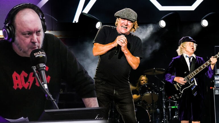 James Young in the Marty Sheargold Show studios and AC/DC performing live at Power Trip Festival in California. Young gave an update on the rumours about AC/DC in 2024. Digitally altered image