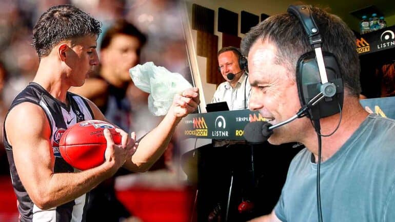 Nick Daicos marks a plastic bag as Luke Darcy calls the play for Triple M Footy. Digitally altered