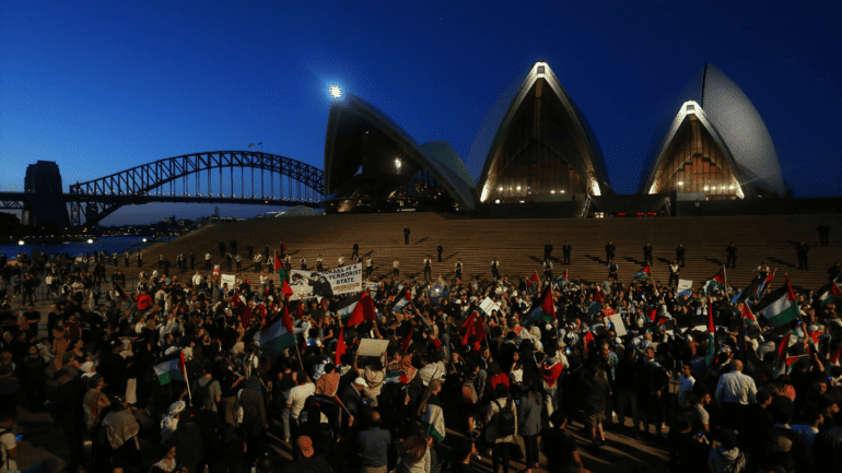 Pro-Palestinians Protest As Opera House Lights Up Blue And White