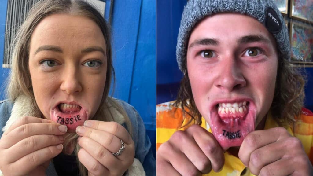 'Tassie' Lip Tattoos. Luca Brasi fans decided that the best way to cement their allegiance to the Tasmanian band was to ink 'TASSIE' on their inner lower lip. (Images supplied by Luca Brasi)