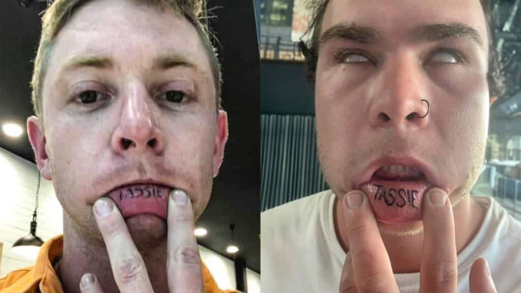 'Tassie' Lip Tattoos. Luca Brasi fans decided that the best way to cement their allegiance to the Tasmanian band was to ink 'TASSIE' on their inner lower lip. (Images supplied by Luca Brasi)
