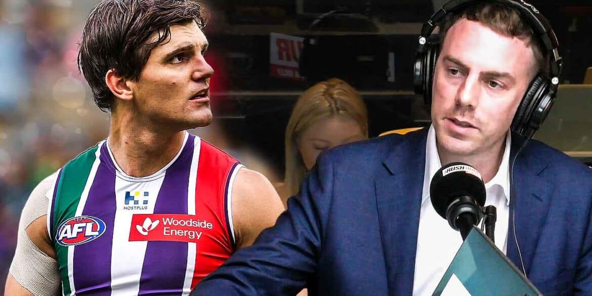 Cal Twomey in the Rush Hour studio and Fremant's Lachie Schultz, who he linked to Collingwood. Digitally altered image