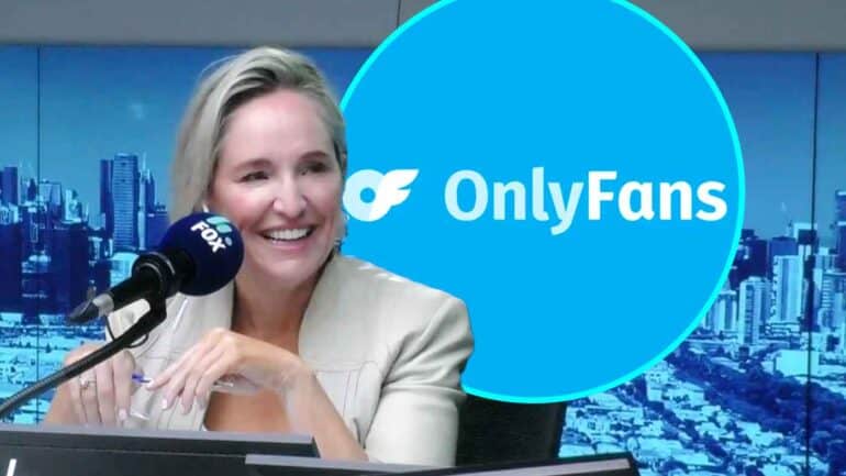 Fifi Box in studio, OnlyFans logo pictured