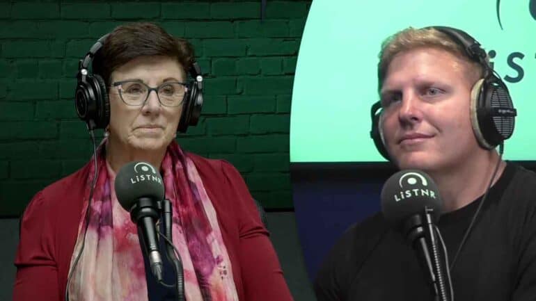 Maggie Dent and Ben Hannant facing each other in a podcast studio wearing headphones
