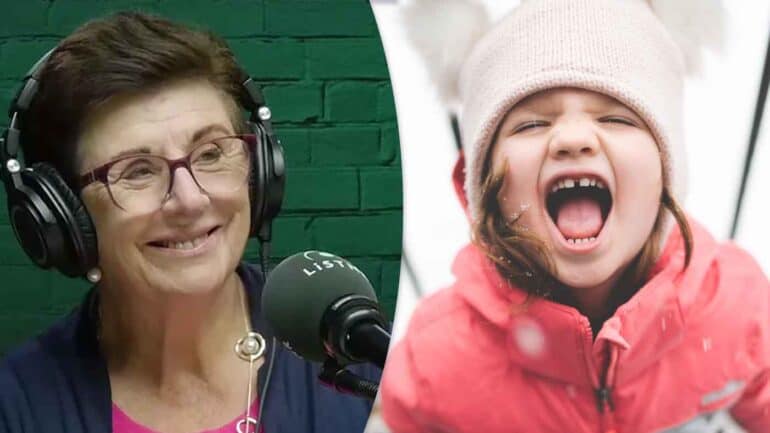 A picture of Maggie Dent beside a picture of a young child screaming during a tantrum