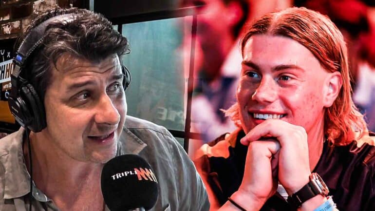 Andrew Embley in the Triple M studio and Harley Reid at the AFL draft. Digitally altered