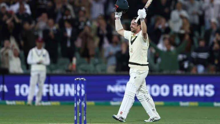 Travis Head celebrating a century at Adelaide Oval